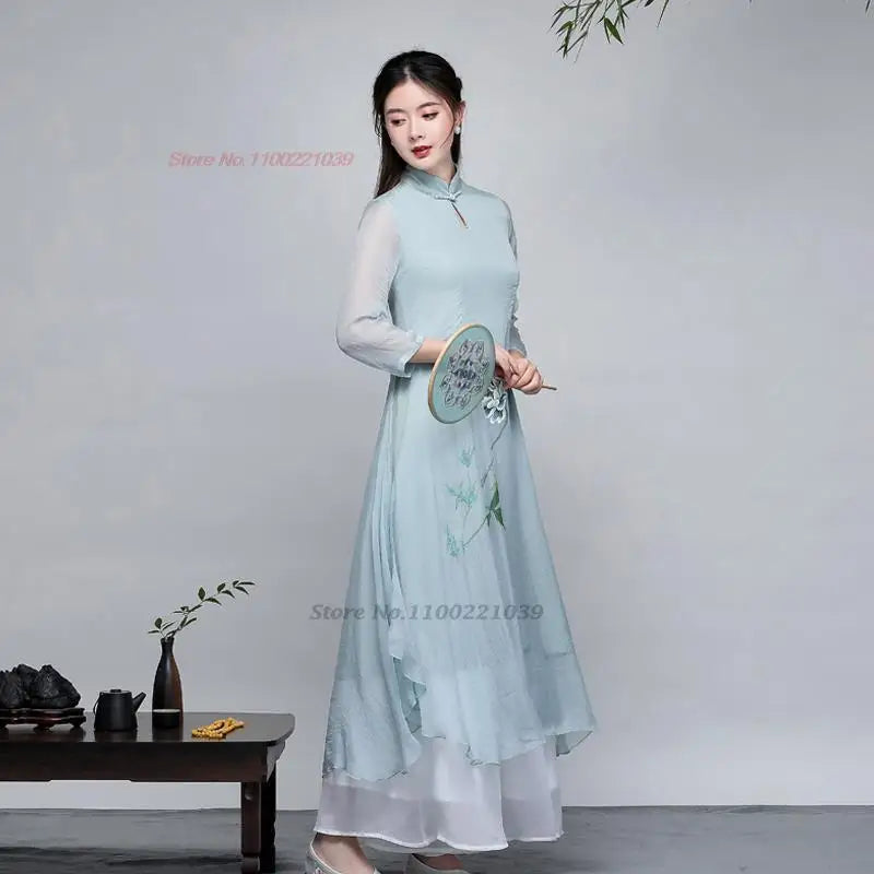 2025 Traditional Vietnam Áo Dài Cheongsam dress flower print chiffon tea service hanfu dress