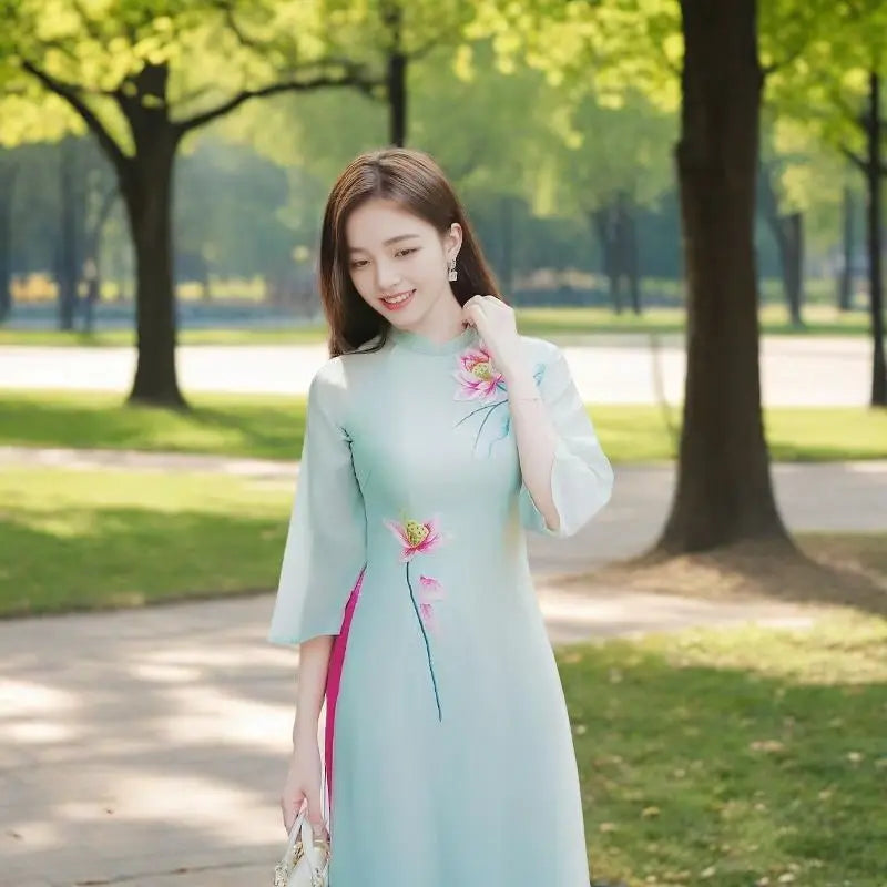 Women Aodai Vetnam Clothing Long Cheongsam Aodai Vietnamese Traditionally Dress Two-piece Wide-leg Pants Cheongsam Aodai Dress