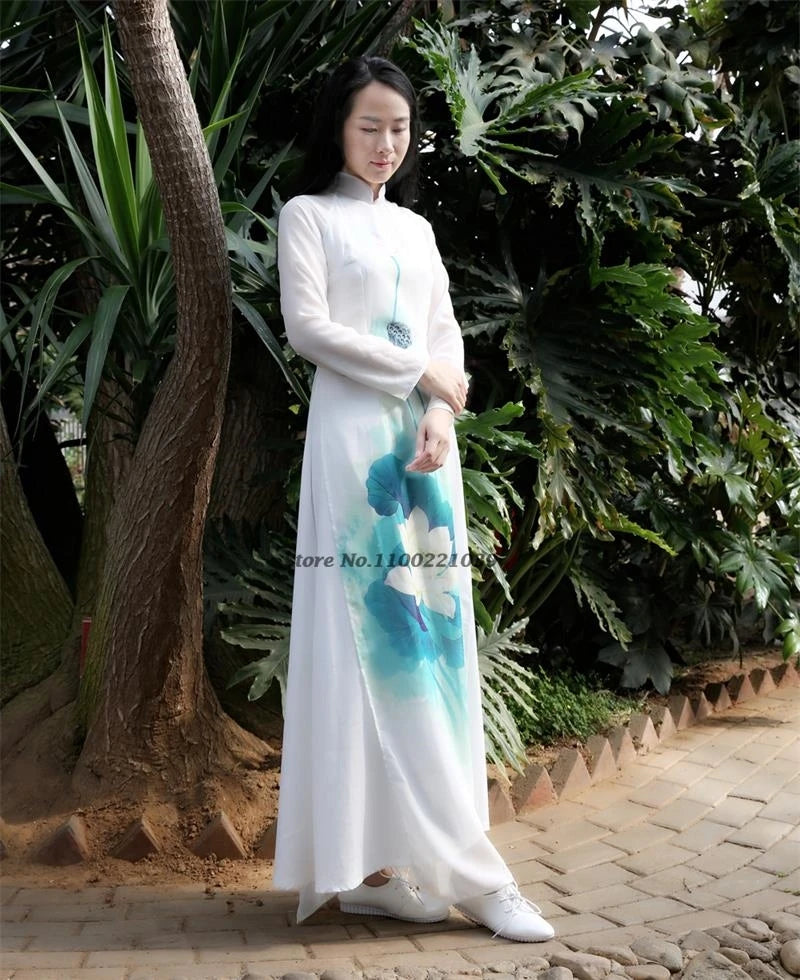 2025 Vietnam Áo Dài (dress+pants set with flower print), vintage dress elegant banquet evening wear