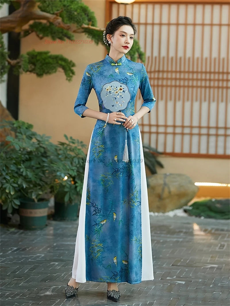 2025 Qipao inspired Áo Dài flower print banquet evening dress