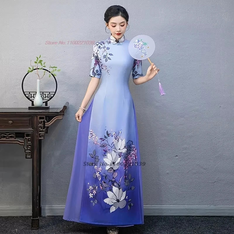2025 Áo Dài flower print Cheongsam banquet evening dress