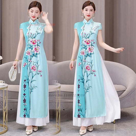 Áo Dài Vietnam -- Chinese cheongsam inspired, flower print banquet evening dress
