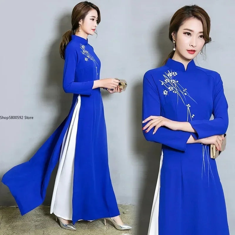 Áo Dài Elegant Chinese Style Cheongsam Vintage Floral Festival Wedding Evening Dress