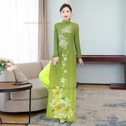 2025 Vietnam traditional Áo Dài flower print (dress+pants sets)