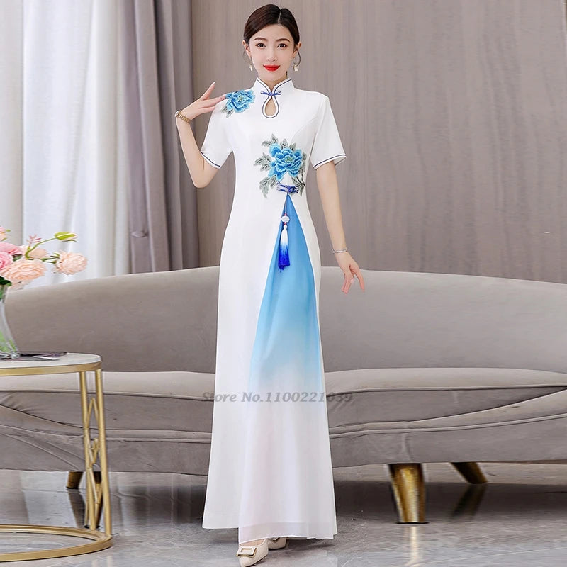 Áo Dài Qipao with flower embroidery cheongsam dress banquet evening dress