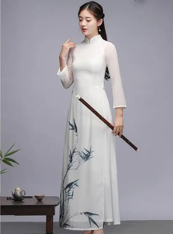 Spring Long Dress (Áo Dài) Cheongsam Vintage Bamboo Print Chiffon White Qipao