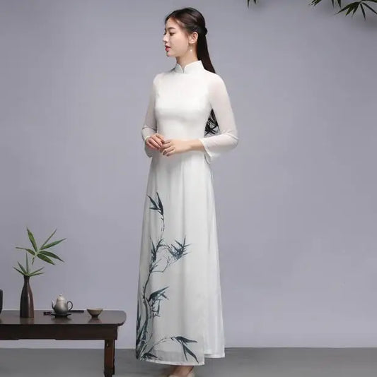 Spring Long Dress (Áo Dài) Cheongsam Vintage Bamboo Print Chiffon White Qipao