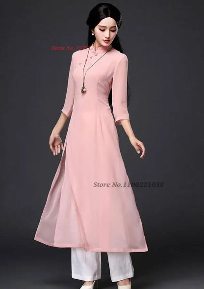 2025 Vietnam traditional folk style Áo Dài (dress+pants set), Vietnam chiffon