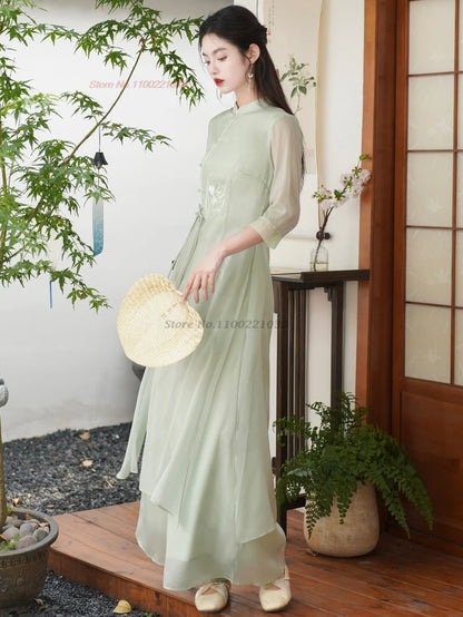 Vietnam vintage Áo Dài (flower embroidery chiffon qipao (dress+pants set), retro banquet dress