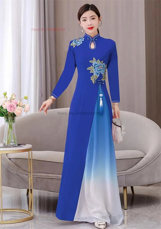 Áo Dài Qipao with flower embroidery cheongsam dress banquet evening dress