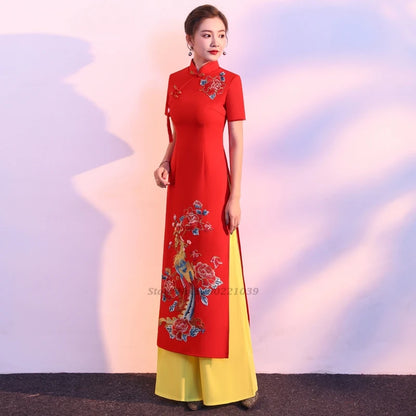 2025 Vietnam vintage Áo Dài with phoenix and flower design (dress+pants set)