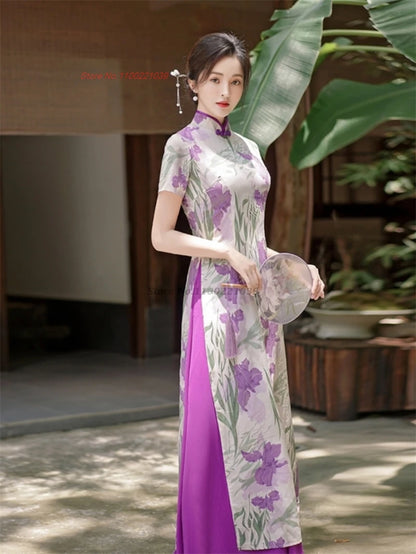 2025 Vietnam traditional Áo Dài -- flower print a-line banquet evening dress