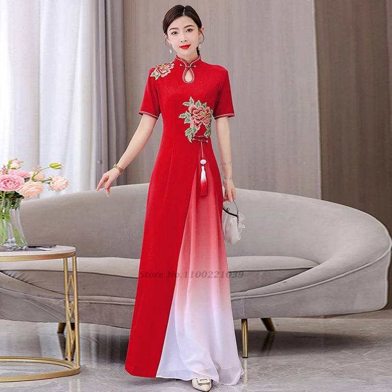 Áo Dài Qipao with flower embroidery cheongsam dress banquet evening dress