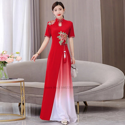 Áo Dài Qipao with flower embroidery cheongsam dress banquet evening dress