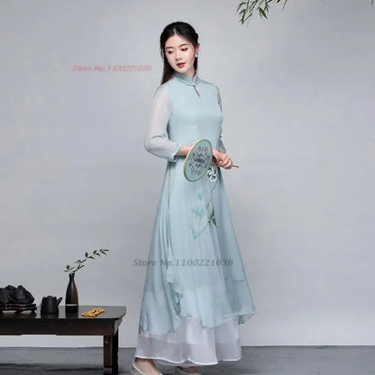 2025 Traditional Vietnam Áo Dài Cheongsam dress flower print chiffon tea service hanfu dress