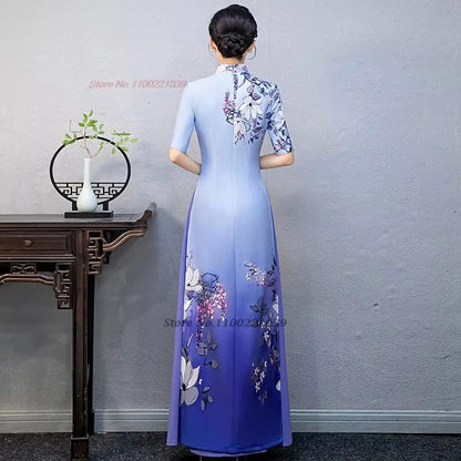 2025 Áo Dài flower print Cheongsam banquet evening dress