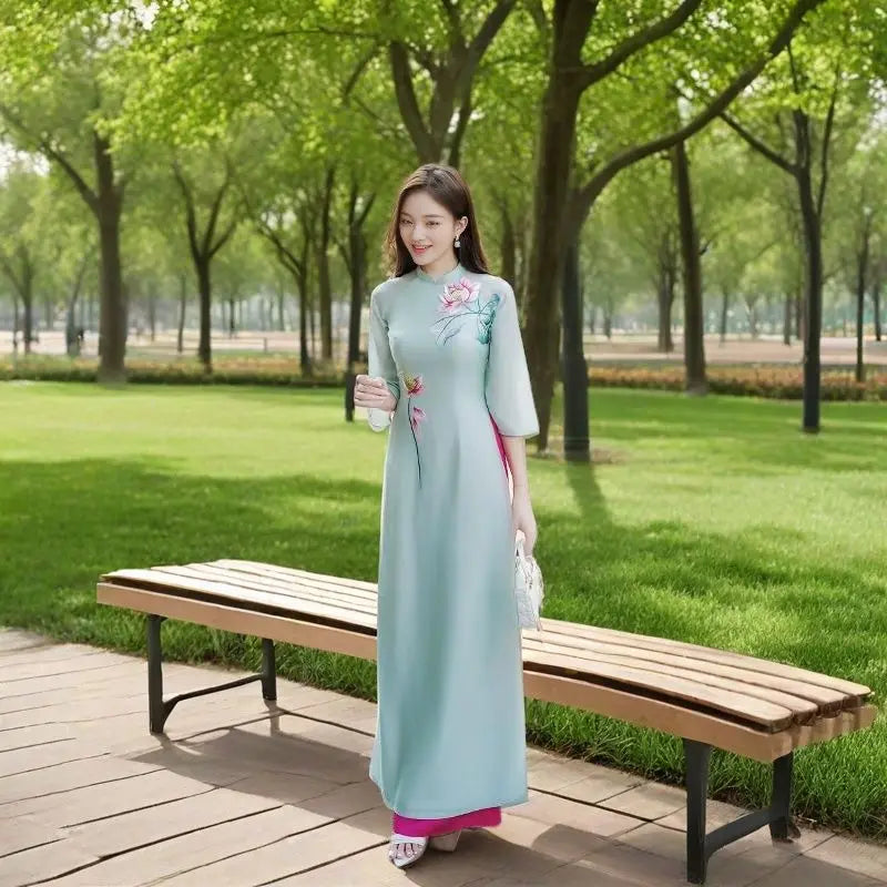 Women Aodai Vetnam Clothing Long Cheongsam Aodai Vietnamese Traditionally Dress Two-piece Wide-leg Pants Cheongsam Aodai Dress