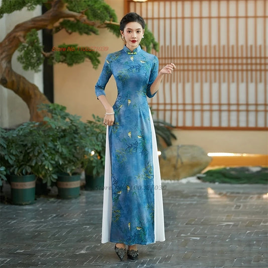 2025 Qipao inspired Áo Dài flower print banquet evening dress