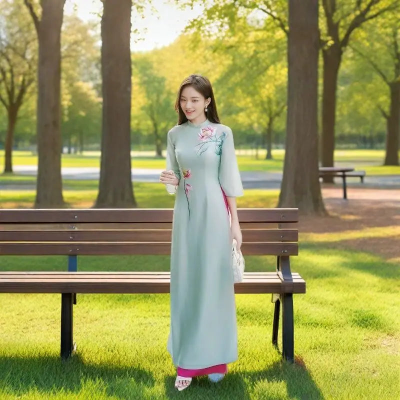 Women Aodai Vetnam Clothing Long Cheongsam Aodai Vietnamese Traditionally Dress Two-piece Wide-leg Pants Cheongsam Aodai Dress