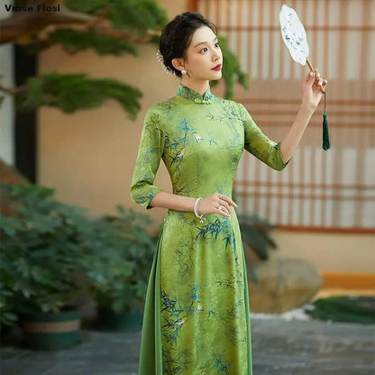 2025 Summer Casual Vintage Green Áo Dài -- Qipao style Dress Floral Print Elegant Evening Party Gown