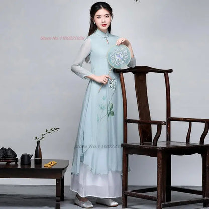 2025 Traditional Vietnam Áo Dài Cheongsam dress flower print chiffon tea service hanfu dress