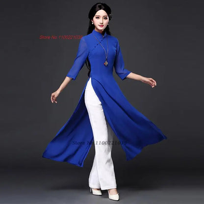 2025 Vietnam traditional folk style Áo Dài (dress+pants set), Vietnam chiffon