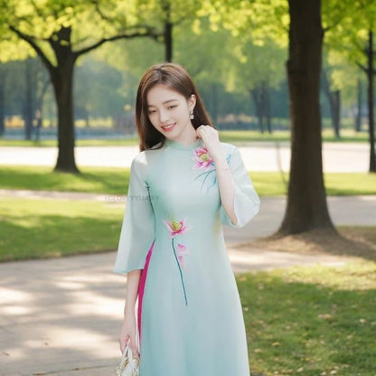 Women Aodai Vetnam Clothing Long Cheongsam Aodai Vietnamese Traditionally Dress Two-piece Wide-leg Pants Cheongsam Aodai Dress