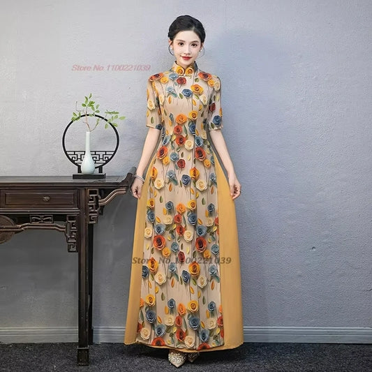 2025 Áo Dài -- Vietnam traditional dress cheongsam inspired flower print banquet evening dress
