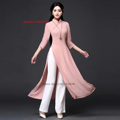 2025 Vietnam traditional folk style Áo Dài (dress+pants set), Vietnam chiffon