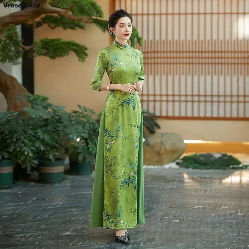 2025 Summer Casual Vintage Green Áo Dài -- Qipao style Dress Floral Print Elegant Evening Party Gown