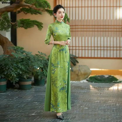 2025 Summer Casual Vintage Green Áo Dài -- Qipao style Dress Floral Print Elegant Evening Party Gown