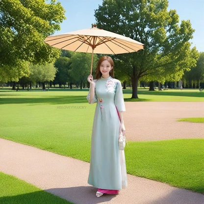 Women Aodai Vetnam Clothing Long Cheongsam Aodai Vietnamese Traditionally Dress Two-piece Wide-leg Pants Cheongsam Aodai Dress