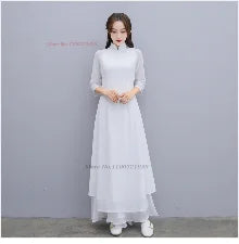 2025 Vietnam Áo Dài with retro flower embroidery (dress+pants sets), woman traditional vintage party dress