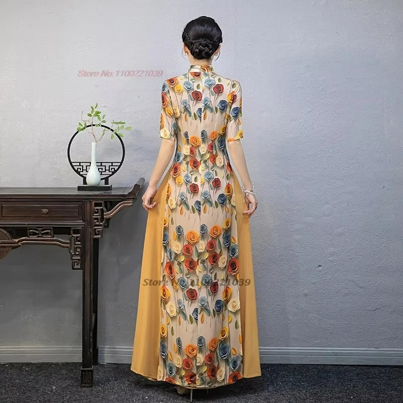 2025 Áo Dài -- Vietnam traditional dress cheongsam inspired flower print banquet evening dress