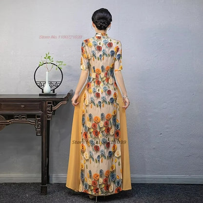 2025 Áo Dài -- Vietnam traditional dress cheongsam inspired flower print banquet evening dress
