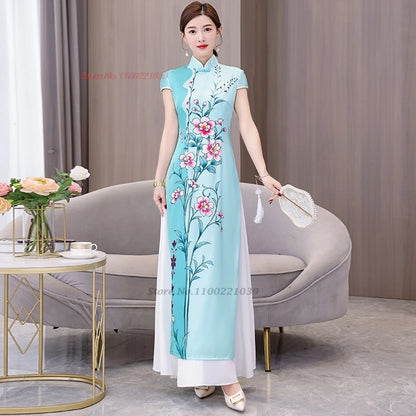 Áo Dài Vietnam -- Chinese cheongsam inspired, flower print banquet evening dress