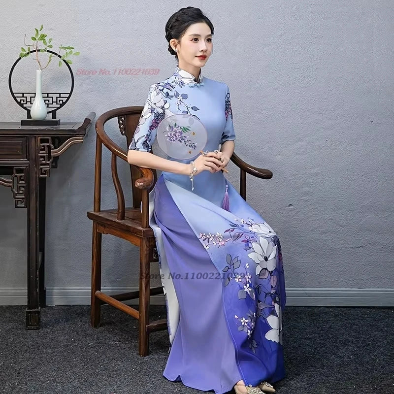 2025 Áo Dài flower print Cheongsam banquet evening dress