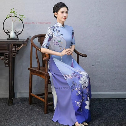 2025 Áo Dài flower print Cheongsam banquet evening dress