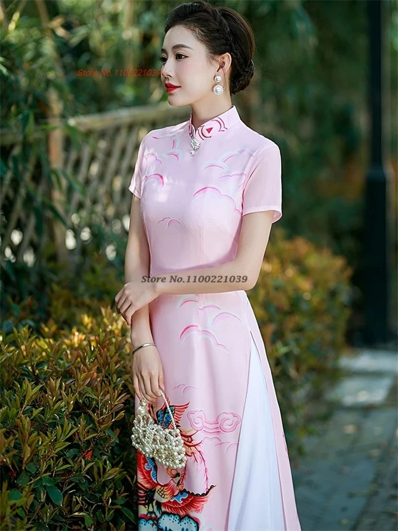 2025 Vietnam Áo Dài Qipao, phoenix print, banquet evening dress