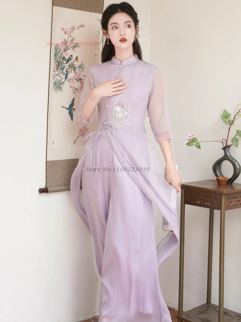 Vietnam vintage Áo Dài (flower embroidery chiffon qipao (dress+pants set), retro banquet dress