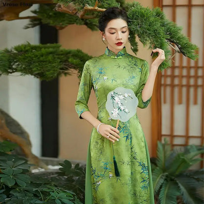 2025 Summer Casual Vintage Green Áo Dài -- Qipao style Dress Floral Print Elegant Evening Party Gown