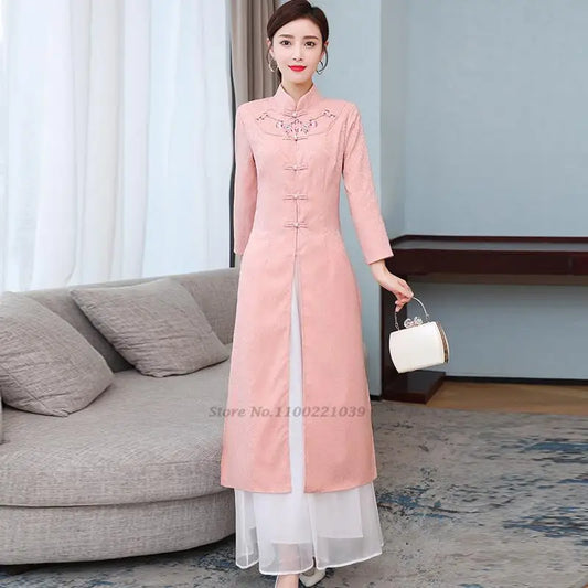 2025 Vietnam Áo Dài with retro flower embroidery (dress+pants sets), woman traditional vintage party dress