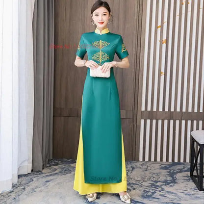 2025 Vietnam Áo Dài (dress+pants set with flower embroidery), banquet evening dress vestido