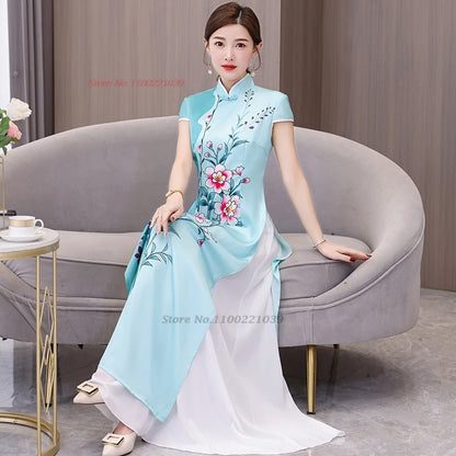 Áo Dài Vietnam -- Chinese cheongsam inspired, flower print banquet evening dress