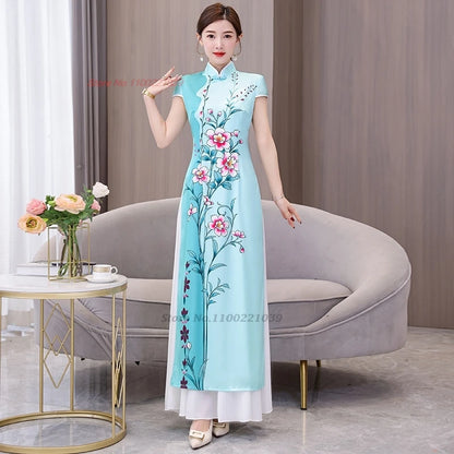 Áo Dài Vietnam -- Chinese cheongsam inspired, flower print banquet evening dress