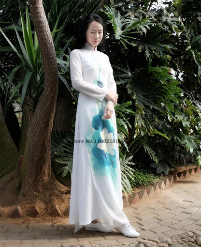 2025 Vietnam Áo Dài (dress+pants set with flower print), vintage dress elegant banquet evening wear