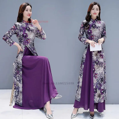 2025 Vietnam Áo Dài mixed with Chinese traditional cheongsam,  floral print banquet wedding evening dress