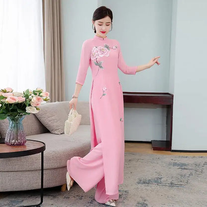 Spring Summer Ao Dai Cheongsam Folk Style Vietnam Chiffon Aodai Graceful Elegant Women Chinese Traditional Dress Improve Qipao