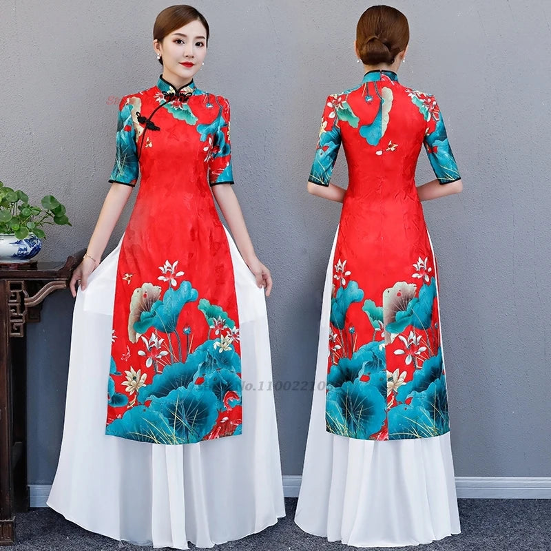 2025 Chinese improved Qipao (dress+skirt set), flower print Vietnam Áo Dài a-line