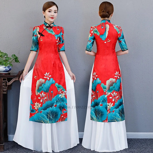 2025 Chinese improved Qipao (dress+skirt set), flower print Vietnam Áo Dài a-line